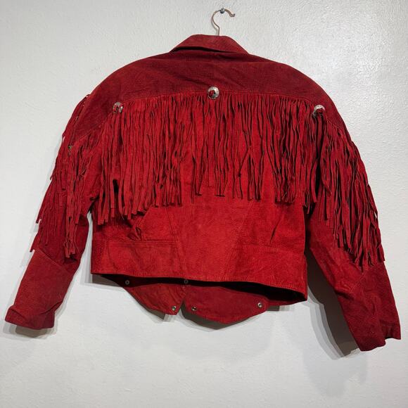 Outerbound by HMS Red Cropped Fringe Vintage Leather Jacket Sz M - Picture 13 of 16